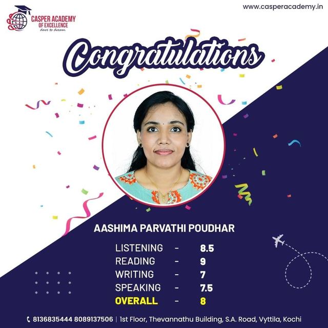 Aashima Parvathi Poudhar, IELTS overall 8. Listening 8.5, Reading 9, Writing 7, Speaking 7.5.